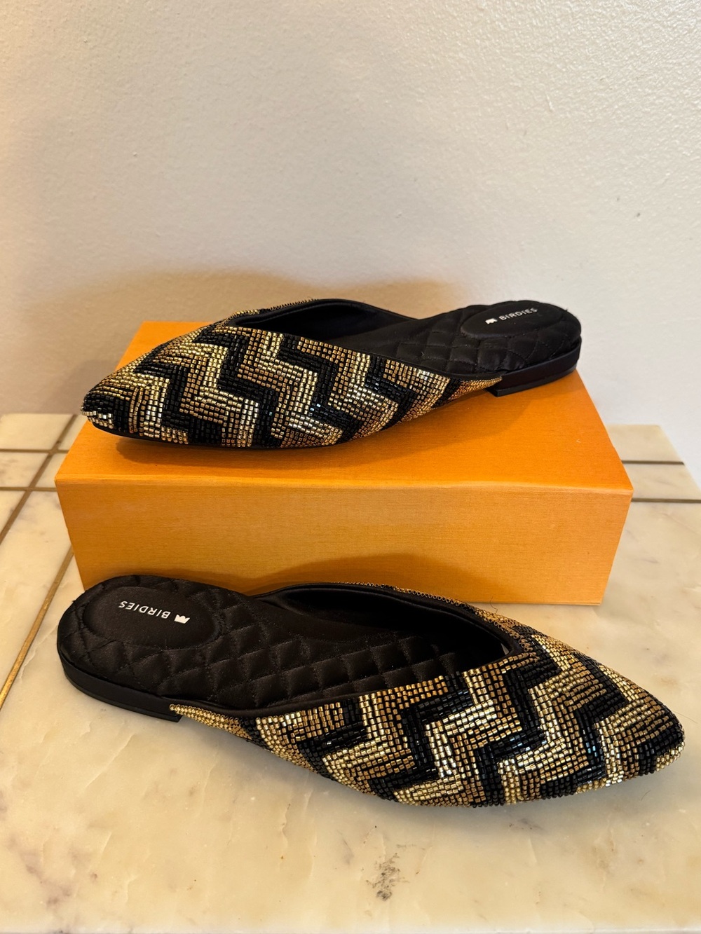 Birdies Black and Gold Beaded Chevron Mules